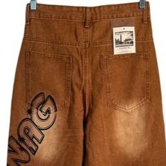 FASHION Jeans Mens Size 28" Waist Brown Baggy Y2K Grafitti Korean Streetwear NWT - Picture 9 of 10